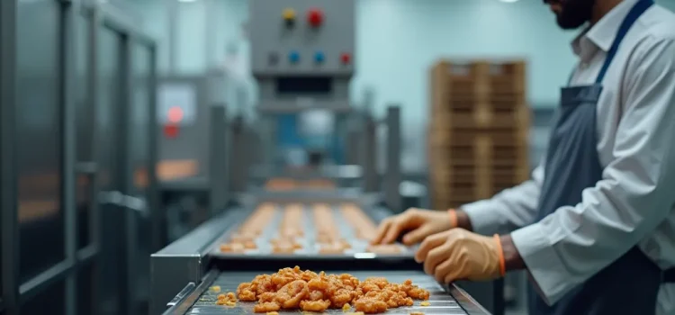 Ispettore qualità in un reparto di confezionamento alimentare mentre controlla una graffetta metallica trovata vicino alla linea