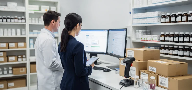 Farmacista e addetto al controllo digitale verificano ordini, magazzino e spedizione in una farmacia online