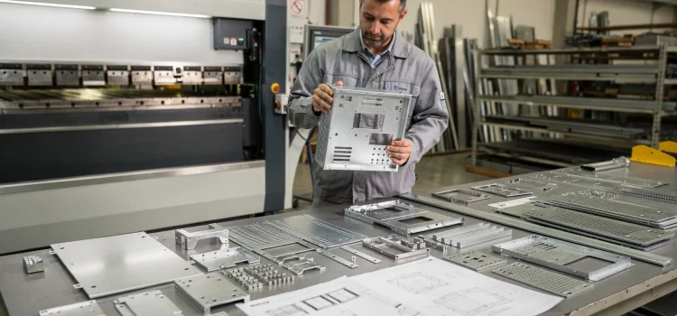 Tecnico in officina di carpenteria leggera controlla uno chassis metallico per elettronica industriale e sistemi rack