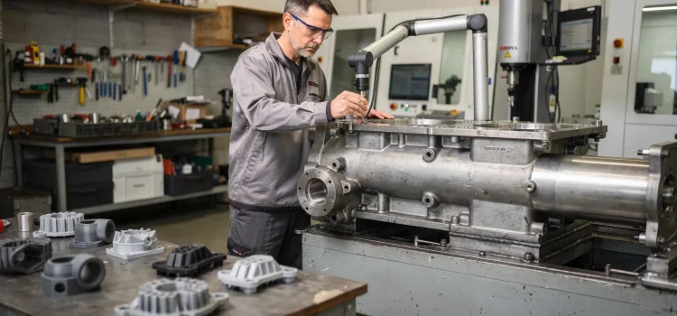Il controllo finale non basta sui pezzi unici Tecnico in officina che misura con un braccio di misura un grande assemblato metallico personalizzato accanto a un prototipo stampato in 3D