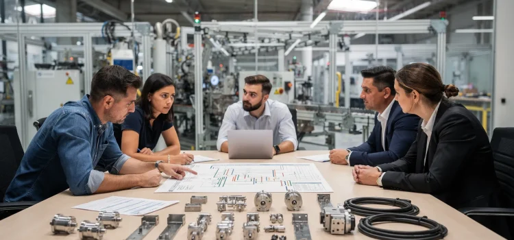 Riunione tecnica in azienda con ingegneri e responsabili che discutono encoder e protocolli di rete per una macchina industriale