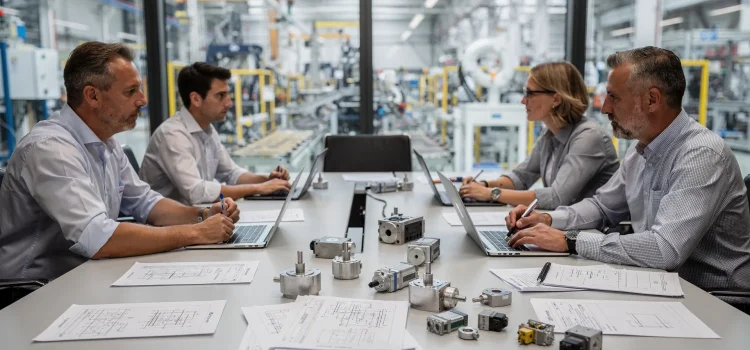 Quando il protocollo dell’encoder decide export, ricambi e distinta base Riunione tecnica in azienda con ingegneri e responsabili che discutono encoder e protocolli di rete per una macchina industriale